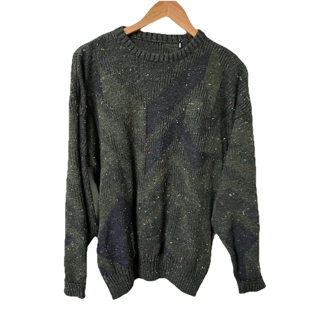 Vintage Mens XL Abstract Geometric Knit Sweater Green Wool Blend Made In Italy